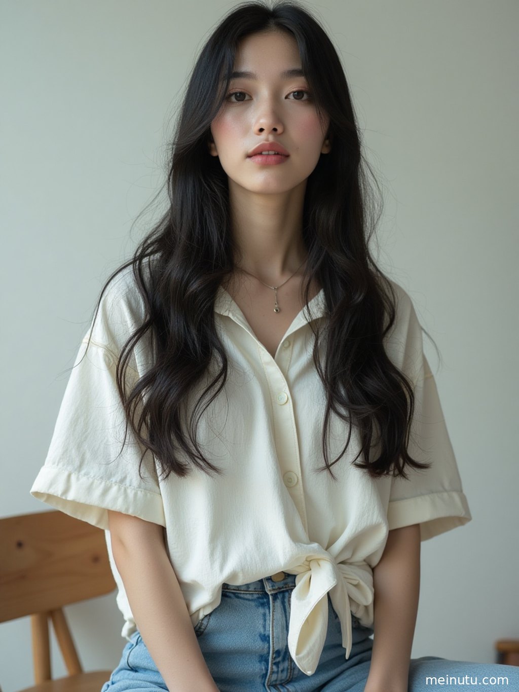 An Asian adult woman turns slightly under soft natural backlight by the coast, showing layered scenery and gentle outdoor portrait lighting.